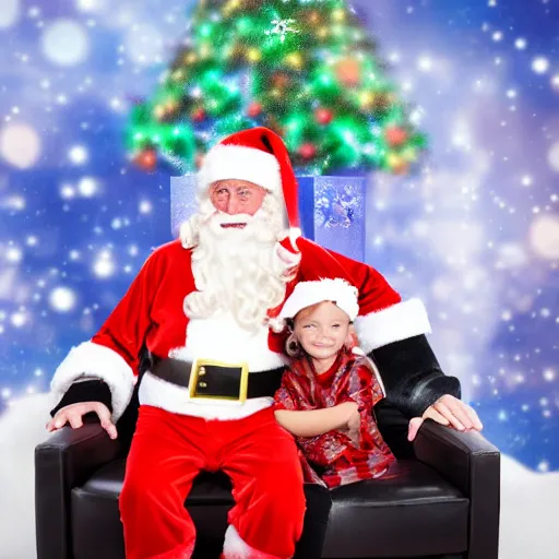 Image similar to Holiday Mall Santa Photo of child with the face of Hulk Hogan sitting on Hulk Hogan’s lap, 8k hyper realistic HDR