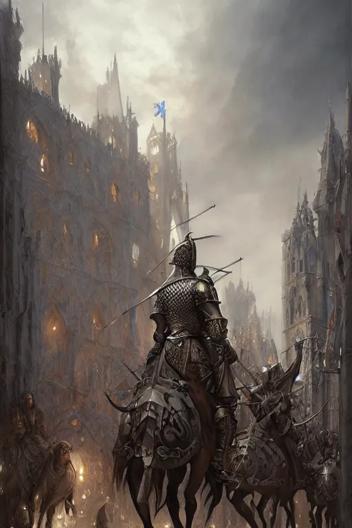 Image similar to medieval parade of knights, holiday, by wlop, by luis royo, by peter mohrbacher, concept art, digital illustration, intricate, masterpiece, elegant, super detailed, unreal engine rendering, smooth, sharp focus, artstation hq