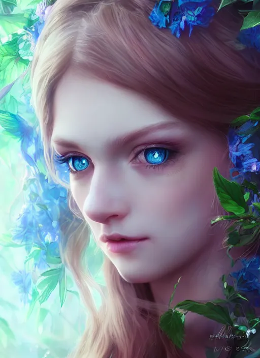 Image similar to portrait of a gorgeous fairy princess of the forest, perfect blue eyes, detailed iridescent floral pattern skin, ultra realistic, cinematic lighting, depth of field, artstation, artgerm, NeoArtCorE