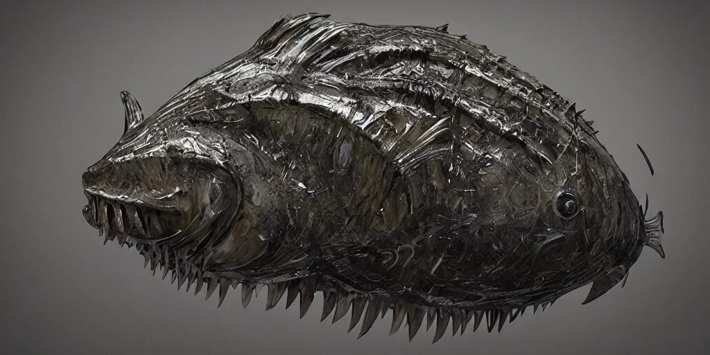 Image similar to angler fish sculpture, stylized layered shapes, long flowing fins, bioluminescent orbs, 3 d render, substance painter, glowing eye, intricate, highly detailed, lifelike, smooth, sharp focus, art by h r giger