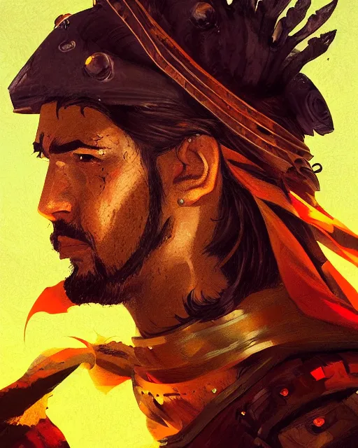 Image similar to digital illustration of a spanish conquistador in battle, art by anato finnstark and sangsoo jeong, treasure island movie color scheme, symmetric, facial features, portrait, handsome, digital painting, artstation