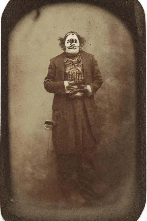 Prompt: a tintype photo of a clown