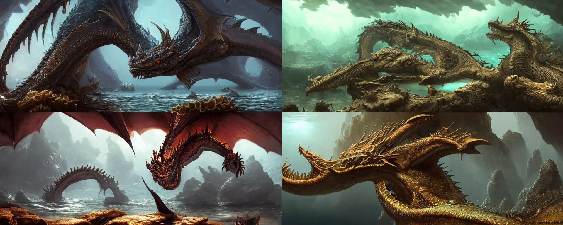 Prompt: a beautiful detailed matte painting of underwater dragon creature landscape by aertsen pieter, by alejandro burdisio, by greg tocchini, by james gilleard, renaissance, dynamic lighting, bioluminescence, cinematic, vibrant, clean, ultra detailed, sharp, digital detailed environment, octane render, cgsociety, 8 k hdr, artstation