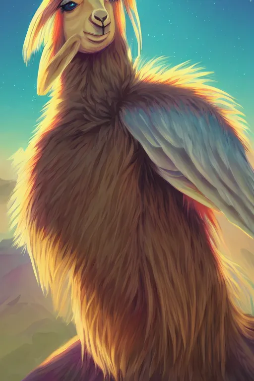 Image similar to Llama angel of sunrise, llama anime portrait, llama anthro portrait, style of duelyst, by Ilya Kuvshinov, anton fadeev, llama, nicola salvior, llama, llama, llama all the way, anthro masterpiece, daily deviation