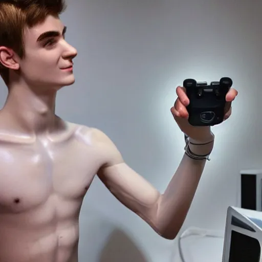 Image similar to “a realistic detailed photo of a guy who is an attractive humanoid who is half robot and half humanoid, who is a male android, twitch streamer Ninja Tyler Blevins, shiny skin, posing like a statue, blank stare, gaming room, close up”