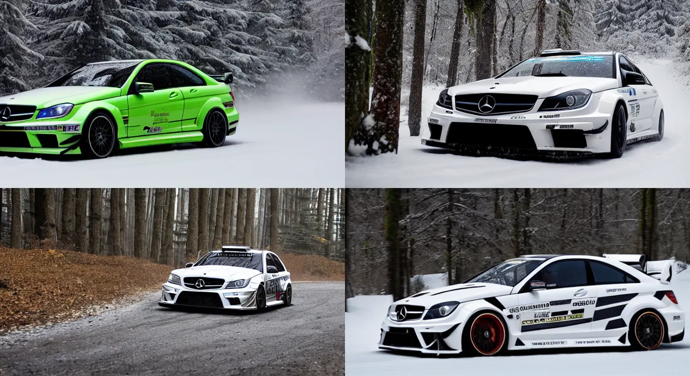 Prompt: a 2 0 1 2 mercedes - benz c 6 3 amg black series, racing through a rally stage in a snowy forest