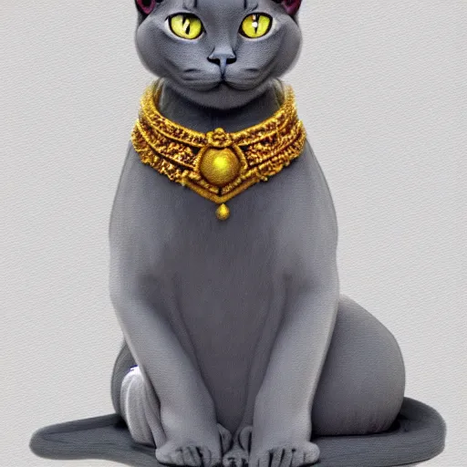 Image similar to gray burmese cat wearing royal crown and robes sitting on thrown, artstation, fantasy