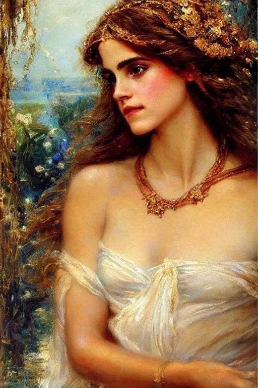 Image similar to portrait of emma watson as the goddess aphrodite. art by gaston bussiere.