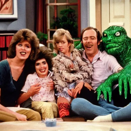 Prompt: vintage 1 9 8 0's sitcom, a happy photogenic family and a large giant evil wet slimy detailed monstrous demon creature inside a 1 9 8 0's sitcom living room