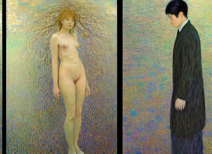 Image similar to portrait of man outside office building, cynical realism, painterly, yoshitaka amano, monet, moebius, beautiful lighting, miles johnston, klimt, tendrils, in the style of, louise zhang, tree of life screenshots, james jean, two figures