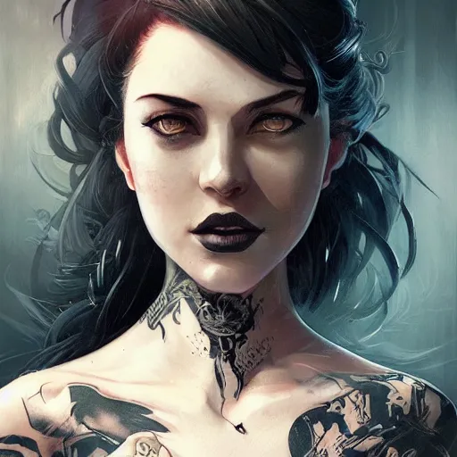 Image similar to enchanting bar maid, tattoos, black t - shirt, black skirt, detailed portrait, intricate complexity, by greg rutkowski, artgerm, ross tran, conrad roset, takato yomamoto, ilya kuvshinov. 4 k, beautiful, cinematic dramatic atmosphere