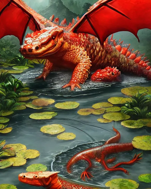 Image similar to game character beautiful giant kaiju sized pond dragon half fish half salamander, wet amphibious skin, red salamander, axolotl creature, koi pond, korean village by Ruan Jia and Gil Elvgren, fullbody