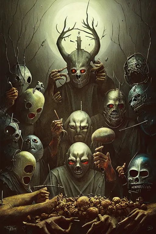 Prompt: hieronymus bosch, greg rutkowski, anna podedworna, painting of slipknot the band