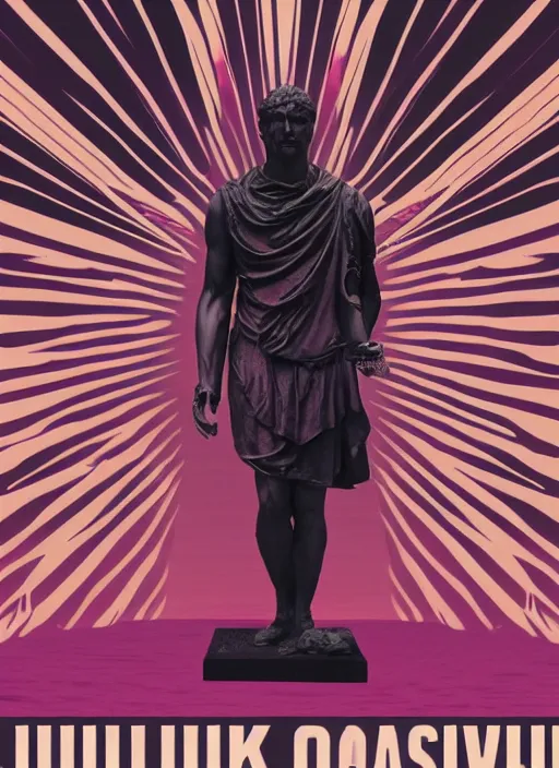 Prompt: design poster showing a statue of julius caesar, black background with very subtle red and purple text and design elements, powerful, nekro, graphic design, collage art, thin lines, dark, glitch art, neo vaporwave, gritty, layout frame, square, trending on artstation