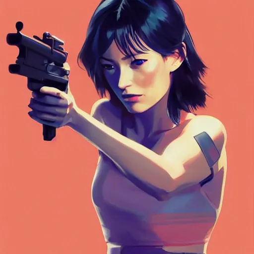 Image similar to olivia wilde holding a blaster, very very anime!!!, fine - face, realistic shaded perfect face, fine details. anime. realistic shaded lighting poster by ilya kuvshinov katsuhiro otomo ghost - in - the - shell, magali villeneuve, artgerm, jeremy lipkin and michael garmash and rob rey