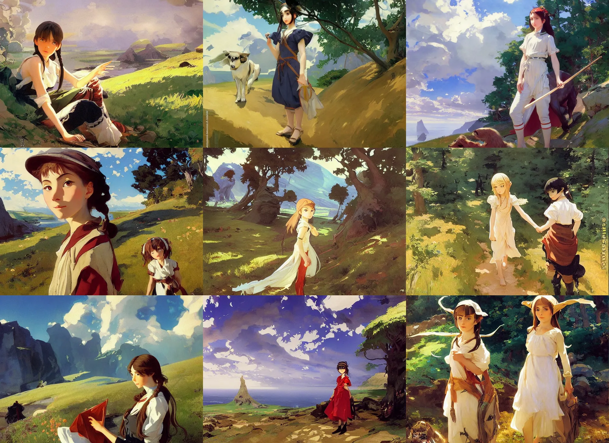 Prompt: painting by sargent and leyendecker and greg hildebrandt savrasov levitan polenov, studio ghibly anime style young girl mononoke, middle earth flat landscape faroe masterpiece