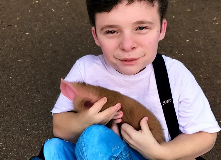 Prompt: a trans boy with a piglet. memphis style