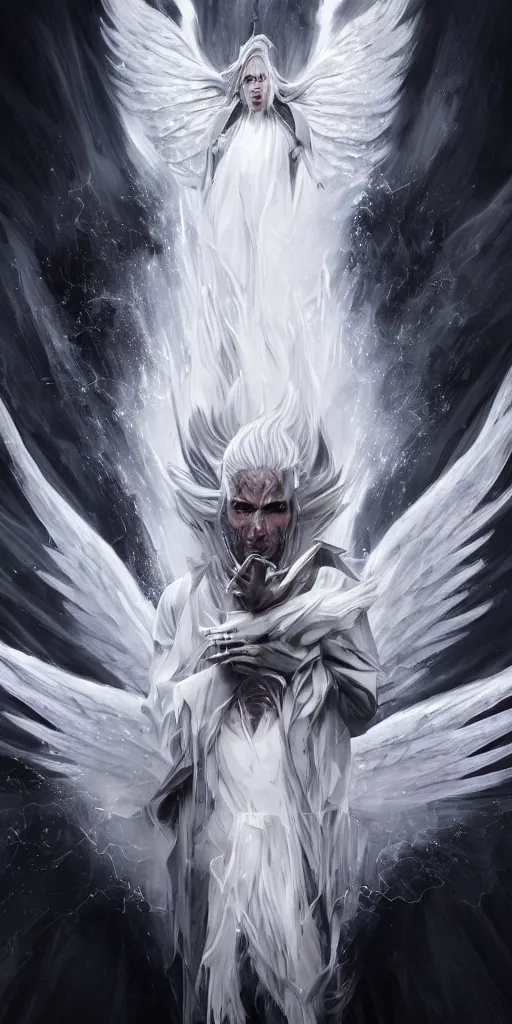 Image similar to full body image of a symmetric detailed terrifying male - angel with white hair with detailed white wings flying in black smoke, ultra realistic, epic, highly detailed, hd, sharp focus, cinematic lighting, realistic, vivid colors, gritty, matt painting, digital art, non blurry, sharp, artstation, concept art, smooth, illustration.