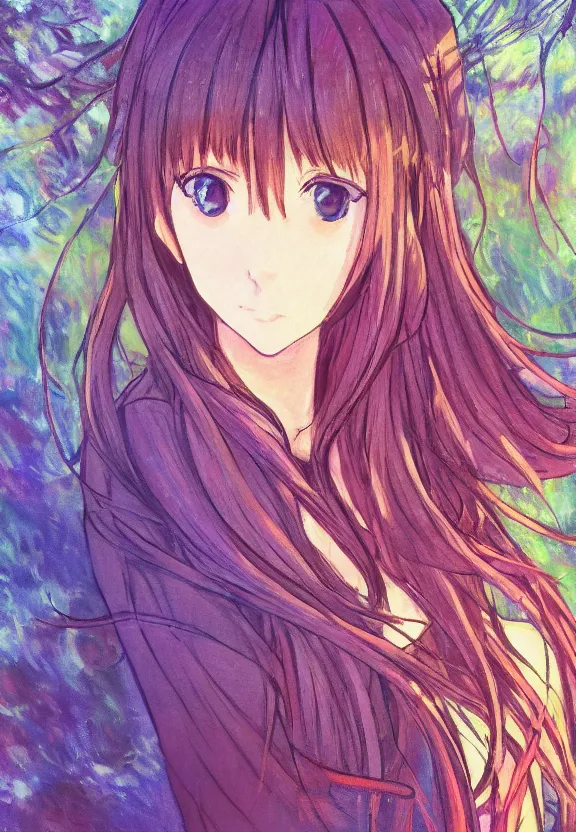 Image similar to wide angle portrait of a teenage girl, a thrifty outfit, somewhat of an anime in impressionist style, fantasy forest background, trending artwork, illustrated in anime painter studio, by claude monet and an anime artist, collaboration