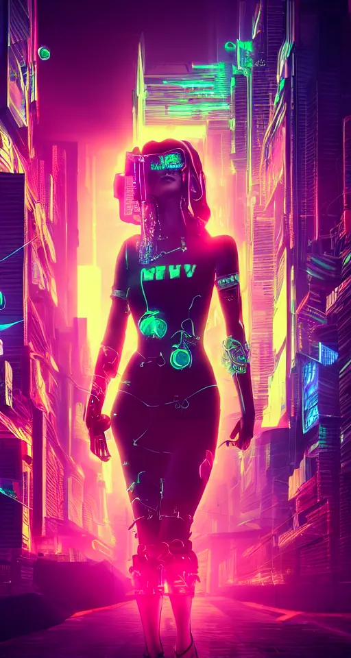 Prompt: cyberpunk women, high detail, city, neon lights, glow, sunset, atmospheric, cinematic, in style of retrowave ,