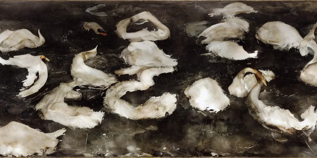 Image similar to white ball, made by swans, feathers, melted in the water. dark atmosphere, dark space. swans. messy. by andrew wyeth, jenny saville and nicola samori