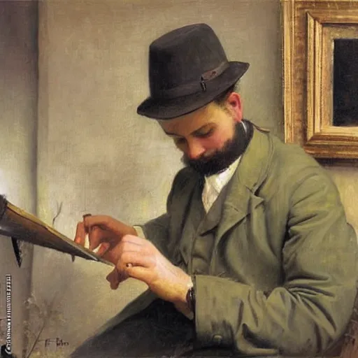 Prompt: painting of a man painting a picture of a man painting a picture of himself by emile friant