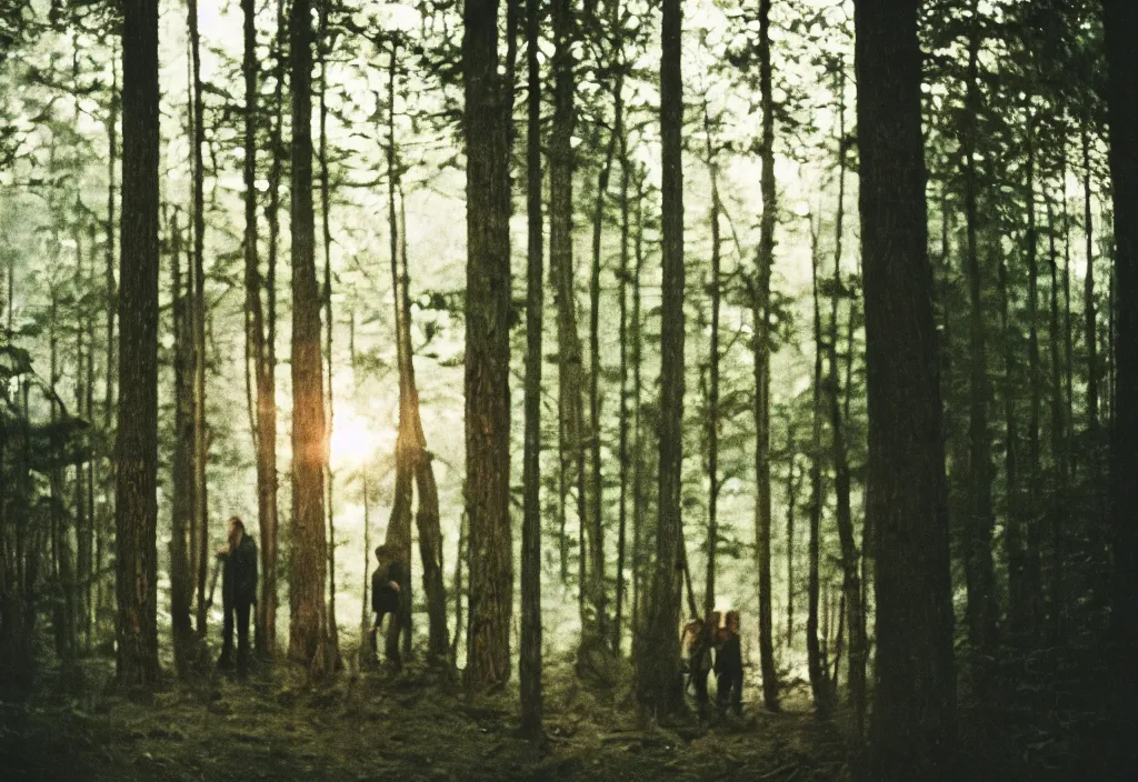 Image similar to lomo photo of two humans standing in front of a large forest cabin, cinestill, bokeh, out of focus, day, dramatic lighting