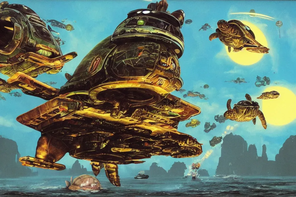 Image similar to an epic chris foss painting of a turtle spaceship and a carp spaceship.