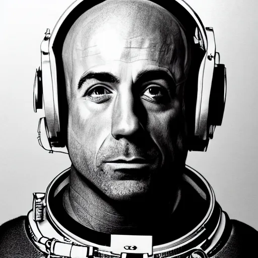 Image similar to a very detailed pencil drawing of joe rogan in an astronaut suit in space 4 k, high resolution, still, landscape, hd, dslr, hyper realistic, sketch