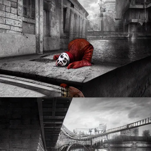 Prompt: clown falling from under a bridge, concept art, artstation, realistic photo, dark, highly detailed, 4 k