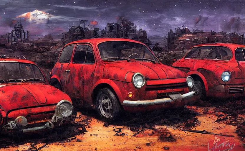 Image similar to red fiat in a post - apocalyptic landscape, dramatic sci - fi painting, highly detailed, dystopian, low angle view, by alex schomburg, by paul lehr