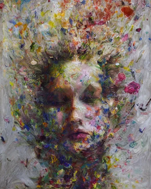 Prompt: Flower storm portrait, vortex of petals and radiant light, in the style of Jenny Saville, impressionistic brushwork
