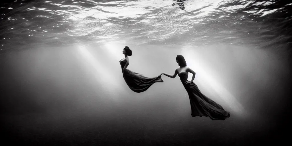 Image similar to deep underwater photography of beautiful model in flat dress in large underwater ballroom by emmanuel lubezki