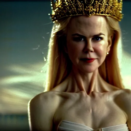 Prompt: cinematic scene with a 2 0 year old nicole kidman on a majestic throne as the goddess of war, dramatic, small details, volumetric lighting, still frame