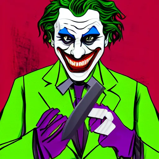 Prompt: the joker with a bloddy knife digital art