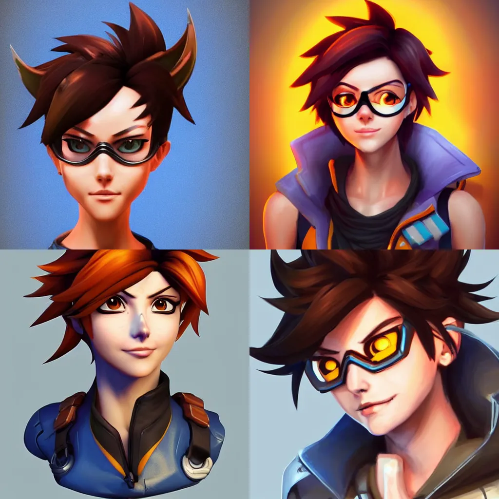 Prompt: a character bust portrait of Tracer from Overwatch, digital concept art, digital art, 2d, stylized, beautiful, colorful, clean, warm lighting, Krita, Artstation, Pinterest