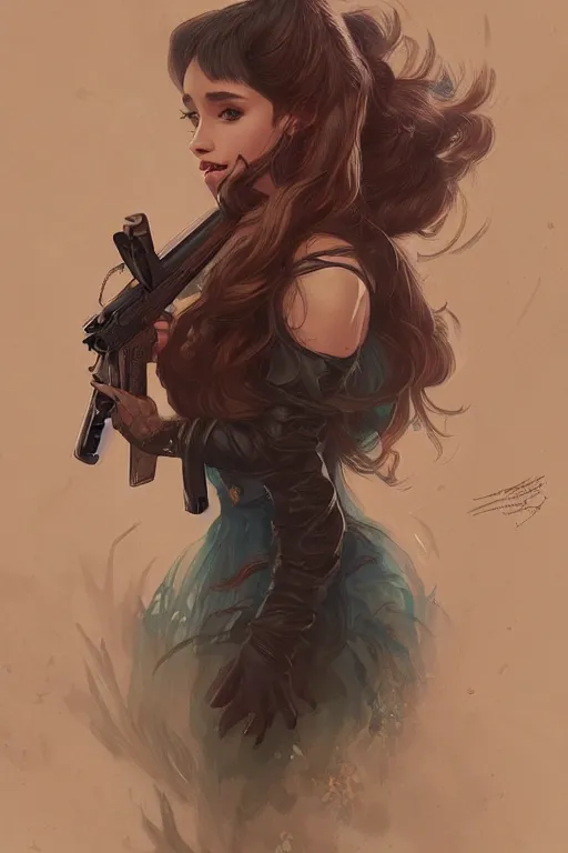 Prompt: demonic cottagecore Ariana Grande holding a shotgun, demonic Hair, magical forest, intricate, elegant, highly detailed, digital painting, artstation, concept art, smooth, sharp, focus, illustration, art by artgerm and greg rutkowski and alphonse mucha