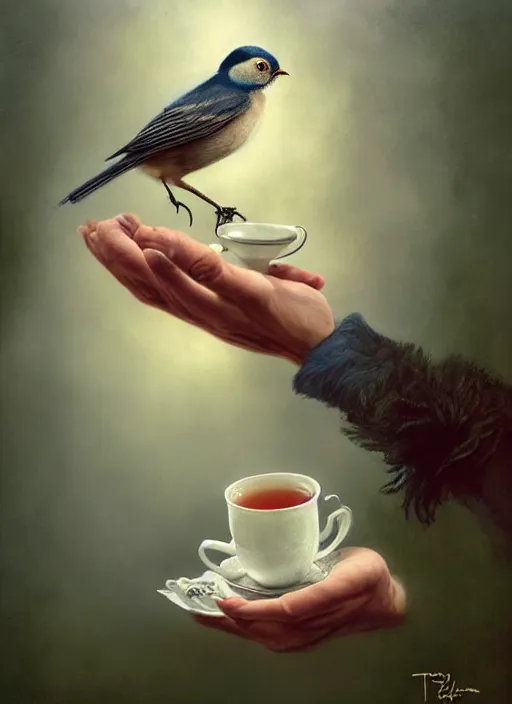 Image similar to a bird holds a cup of tea in its hands, hyperrealism, no blur, 4 k resolution, ultra detailed, style of tyler edlin, tom bagshaw, arthur rackham, ivan shishkin