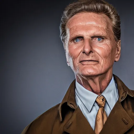 Image similar to robert stack wearing a trench coat unsolved mysteries solving the mystery of the missing jelly sandwich 2 0 0 1, ( sony a 7 r iv, symmetric balance, polarizing filter, photolab, lightroom, 4 k, dolby vision, photography awardm, voque, perfect face )