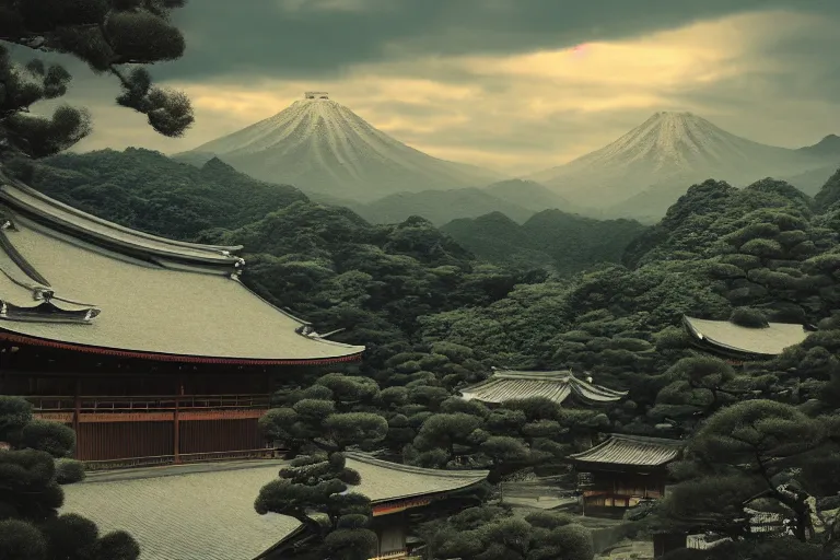 Prompt: Old japanese architecture in a Japanese valley, dramatic sky, digital art, 4k, 8k, trending on ArtStation
