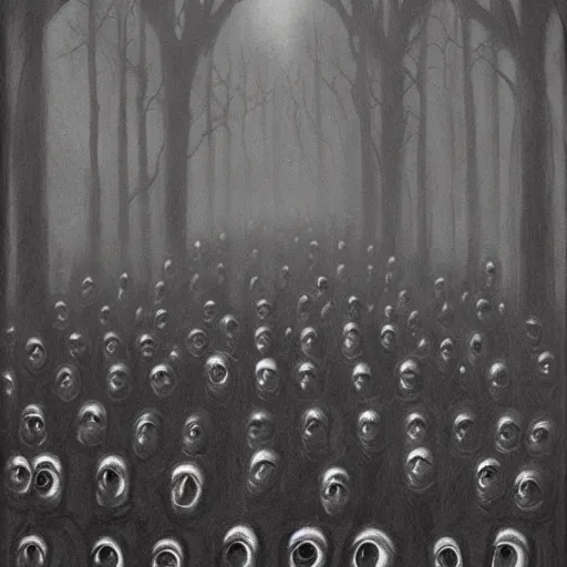 Prompt: procession of eyes. creepy, eerie, grim atmosphere