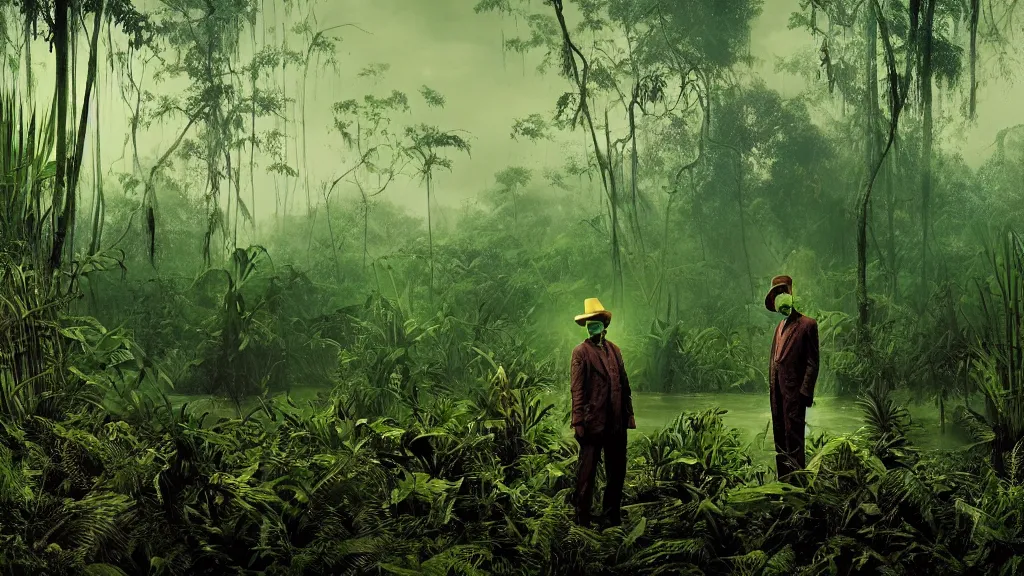 Image similar to snake oil saleman demigod with neon green mask in a swampy jungle landscape, visible sky and humid atmosphere, the salesman's dream by alejandro jodorowsky and denis villeneuve, kodakchrome, cinematic composition, practical effects, 8 k