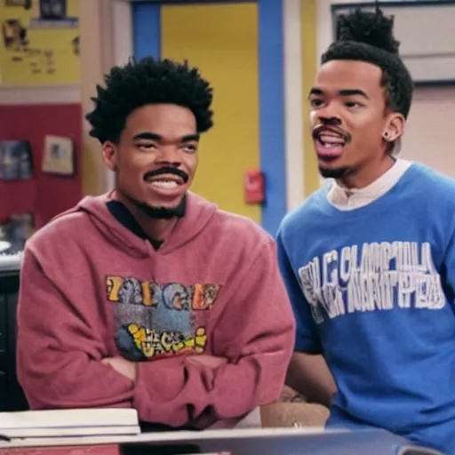 Image similar to a tv still of Chance The Rapper starring as a black college student at Jones College Prep in a 1993 sitcom