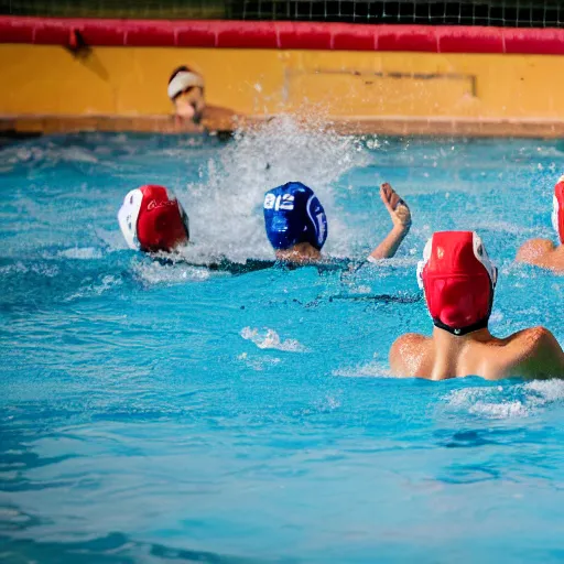 Image similar to water polo played with humans and hippopotamuses. sports photograph.