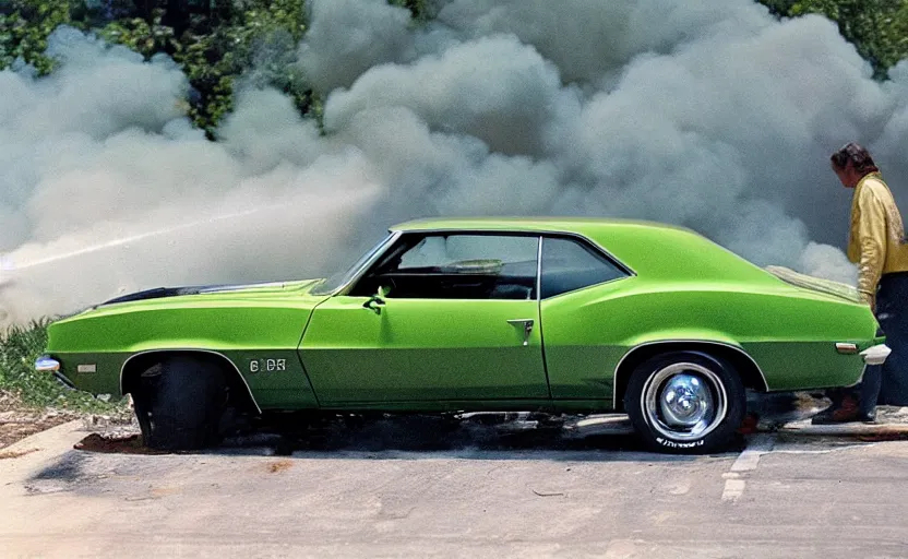 Image similar to a green 1 9 6 9 chevrolet camaro zl driving away from a fire explosion