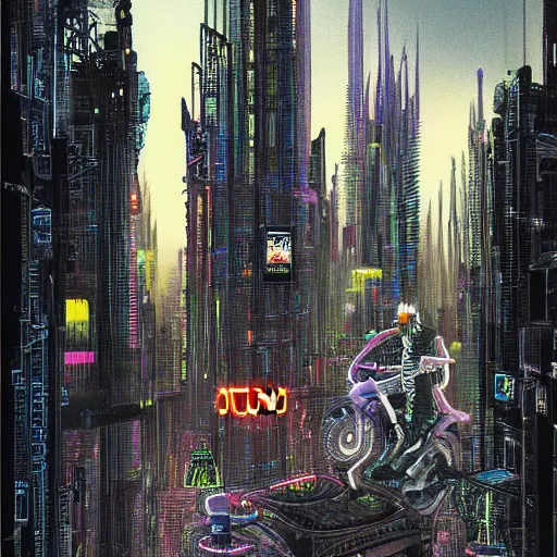 Prompt: ultra detailed gothic cyberpunk cityscape with cars, floating bike, high rise tower, neon atmospheric lighting, people in futuristic getup, by jean giraud - w 1 2 1 6