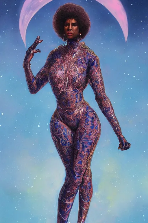 Image similar to full body portrait of very beautiful and attractive African-American woman, funkadelic spacesuit, real life skin, intricate, elegant, highly detailed, artstation, concept art, smooth, sharp focus, face by wlop, art by artgerm and greg rutkowski and alphonse mucha