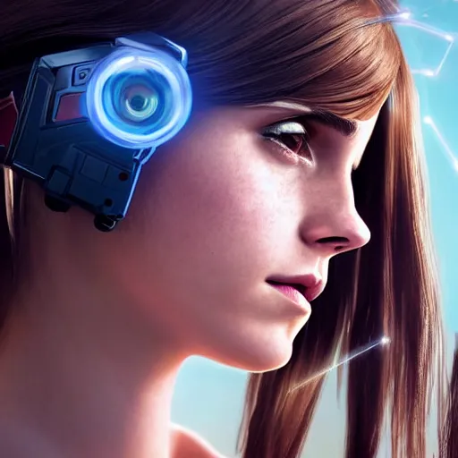 Image similar to full shot photograph portrait of a woman as Emma Watson as Dva from Overwatch, elegant, 70mm lens, outdoors lighting, nature background, symmetric circular iris, detailed moisture, detailed droplets, detailed intricate hair strands, DSLR, ray tracing reflections, symmetrical face and body, gottfried helnwein and Irakli Nadar, eye reflections, focused, unreal engine 5, vfx, post processing, post production, single face