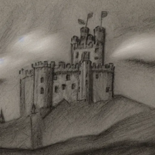 Prompt: A castle on a hill, surrounded by clouds, pencil sketch