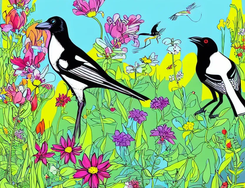 Prompt: magpie in a cottage garden. this pop art illustration by the beloved children's book illustrator has a beautiful composition, interesting color scheme.